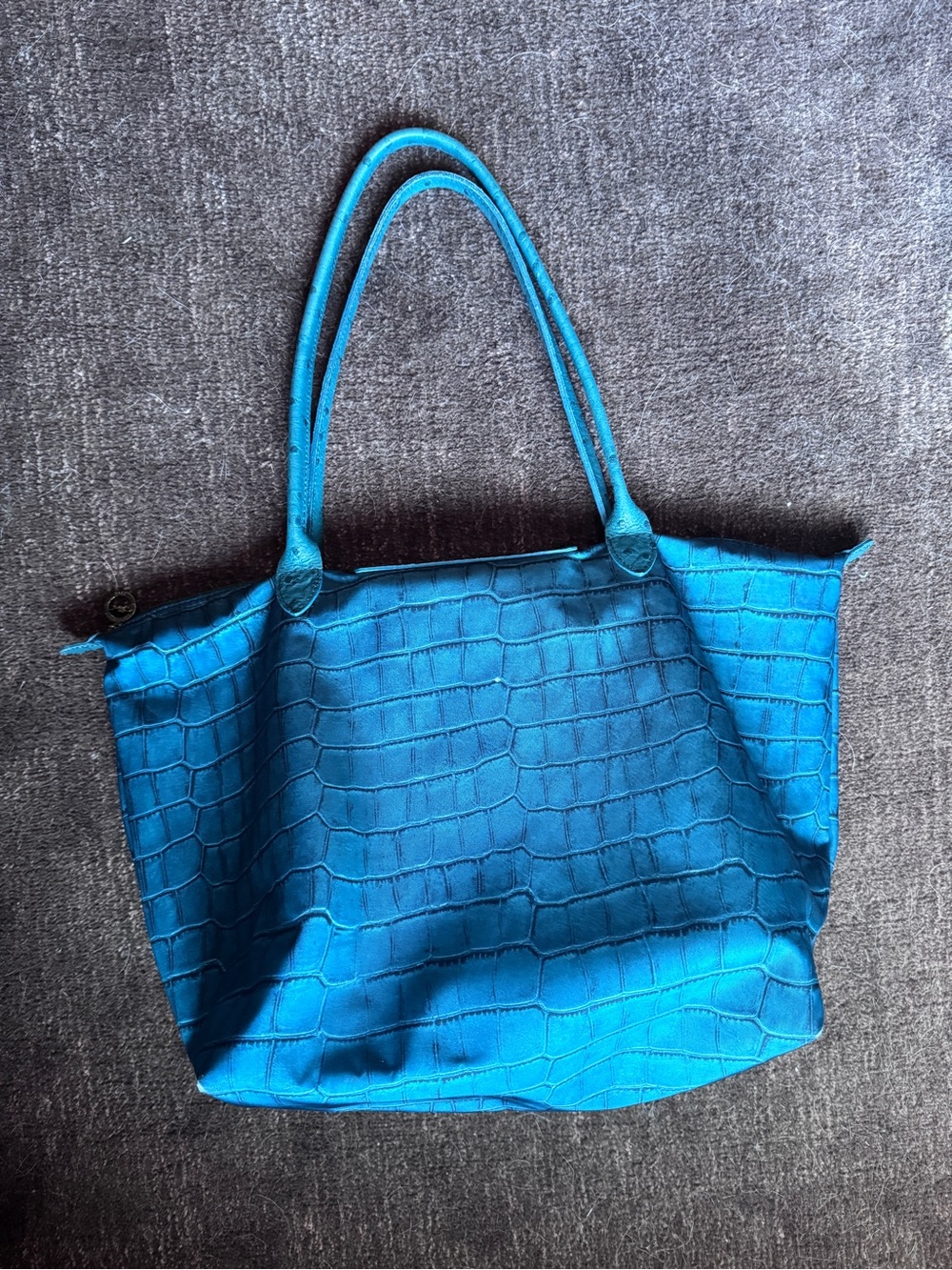 Longchamp Blue Teal Croc-Embossed Print Le Pliage Tote - size medium - Picture 4 of 9